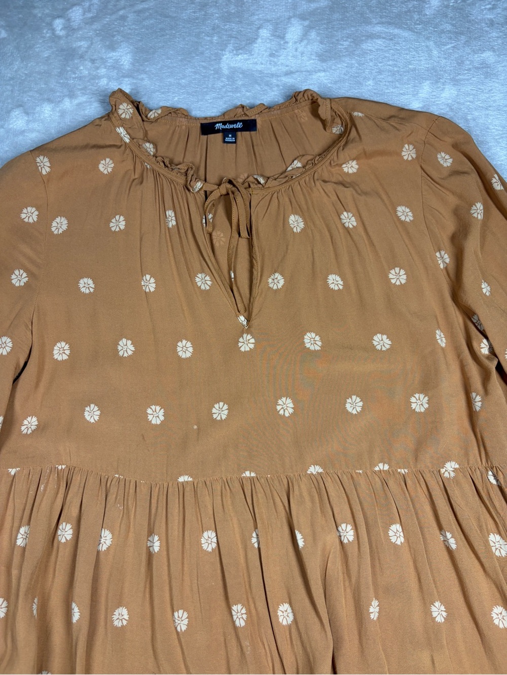 Madewell Bloom Dot Warm Hickory Cream Tan Tiered Ruffle Tie Neck Mini Dress M - Picture 4 of 17